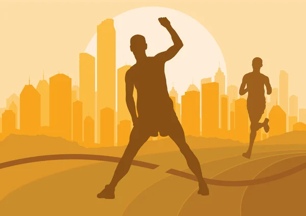 Marathon runners in urban city landscape background illustration — Stock Vector