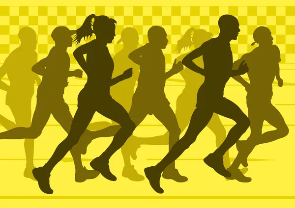 Marathon coureurs dans la ville urbaine paysage arrière-plan illustration — Image vectorielle