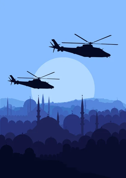 Helicópteros do exército em paisagem montanhosa ilustração de fundo — Vetor de Stock