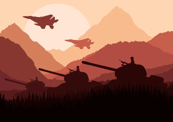 Tanques y aviones del ejército en el paisaje de montaña ilustración de fondo — Archivo Imágenes Vectoriales
