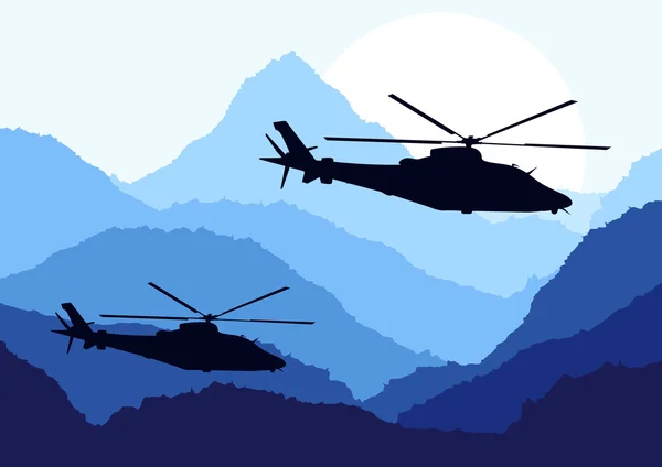 Helicópteros del ejército en paisaje de montaña ilustración de fondo — Vector de stock