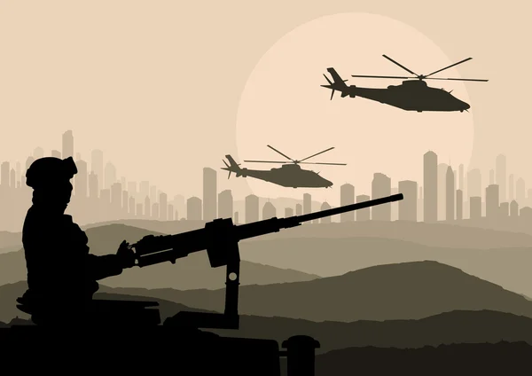 stock vector Army helicopters in mountain landscape background illustration