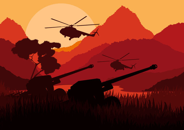 Army helicopters in mountain landscape background illustration