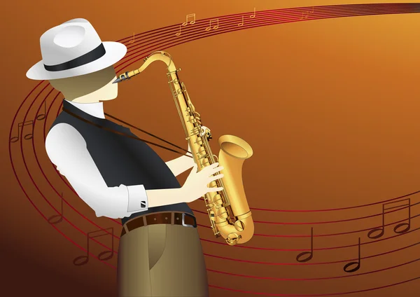 Saxofonspieler in Wolkenkratzer Stadtlandschaft Hintergrund Illustration — Stockvektor