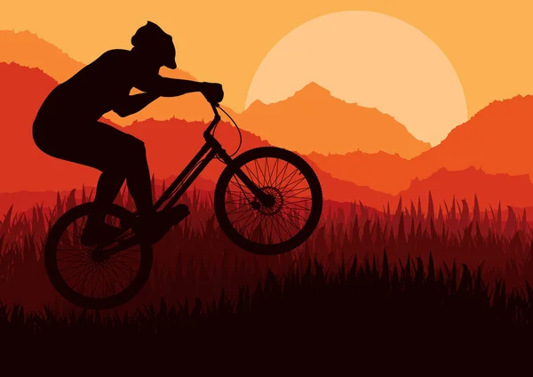 Dağ bisikleti deneme rider içinde vahşi doğa manzara arka plan illüstrasyon — Stockvector