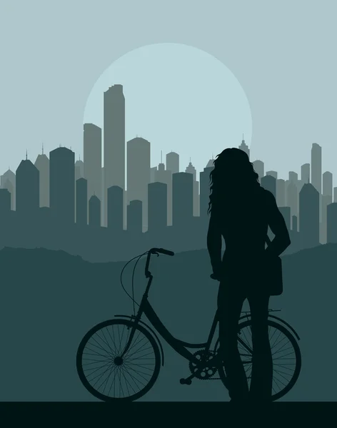 Femme avec vélo devant le vecteur de fond de la ville — Image vectorielle