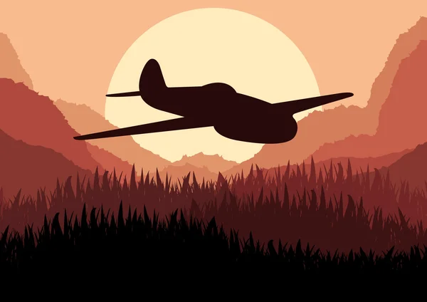 Airplane flying in wild nature landscape background illustration — Stock Vector