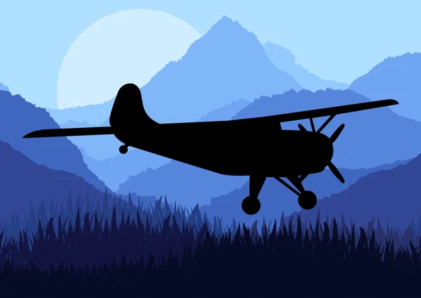 Flugzeug fliegen in wilder Natur Landschaft Hintergrund Illustration — Stockvektor