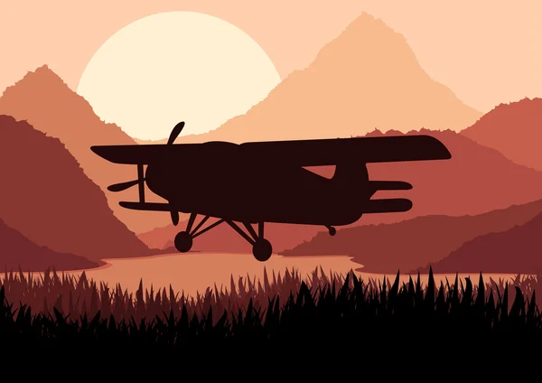 Letadlo letí v divoké přírodě krajinné pozadí obrázku — Stockový vektor