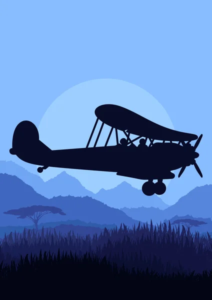 野生の自然の風景の背景イラストを飛んでいる飛行機 — ストックベクタ