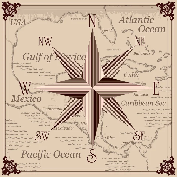 ビンテージ コンパスとカリブ海中央アメリカ地図の背景イラスト — ストックベクタ