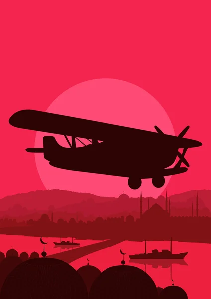 Avion volant dans la nature sauvage paysage illustration de fond — Image vectorielle