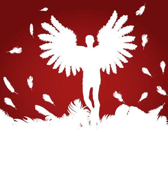 Christmas Angel with feather wings vector red background — Stock Vector