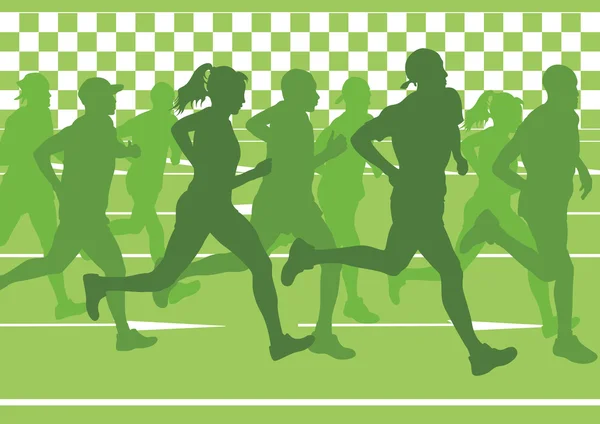 Maraton koşucular şehir şehir manzara resimde arka plan. — Stok Vektör