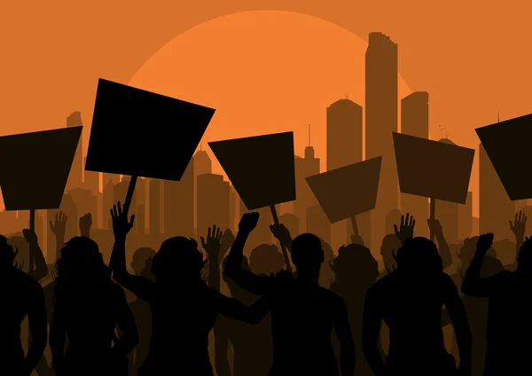 Protesters crowd in skyscraper city landscape background illustration — Stock Vector