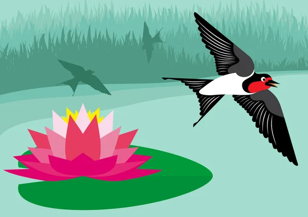 Flying swallow birds in country side paisagem fundo ilustração — Vetor de Stock