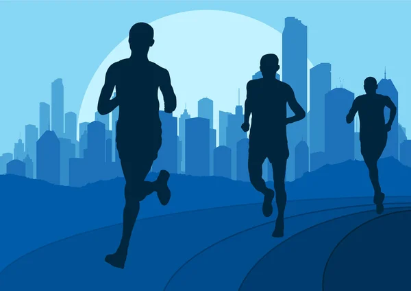 マラソン選手の都市風景の背景イラスト — ストックベクタ