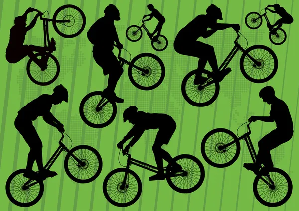 Dağ bisikleti deneme biniciler siluetleri illüstrasyon koleksiyonu arka plan — Stok Vektör