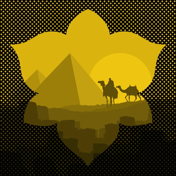 Pyramids and camel caravan in wild africa landscape illustration — Stock Vector