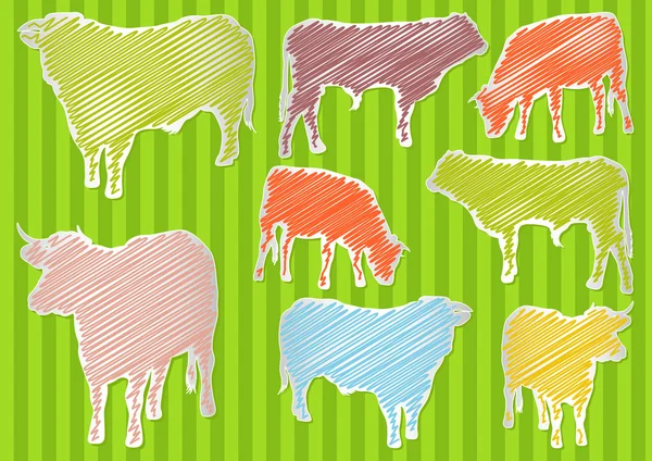 Vaca y ganado vacuno colorido fondo de la colección ilustración — Vector de stock