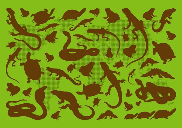Fondo de colección de ilustración ambiental de reptiles de anfibios — Archivo Imágenes Vectoriales