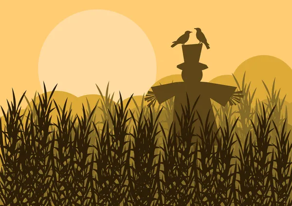Scarecrow in corn field autumn countryside landscape background illustratio — Stock Vector