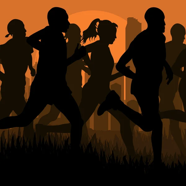 马拉松运动员在城市景观中的背景图 — 图库矢量图片