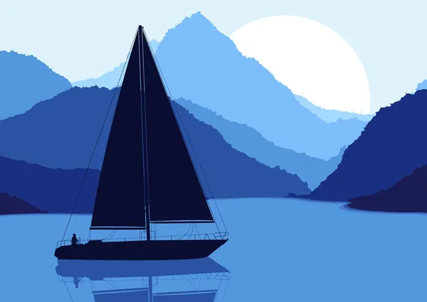 Båten seglar i vilda naturen landskap illustration野生の自然の風景イラストでセーリング ヨット — ストックベクタ