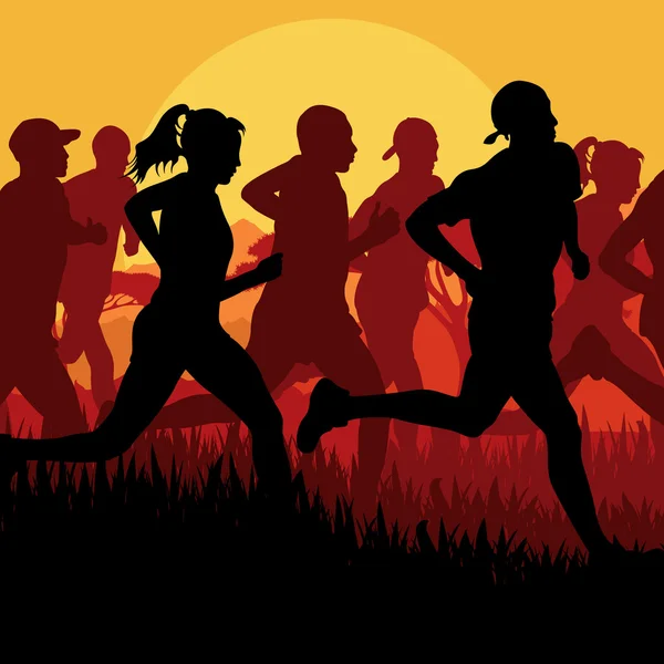 Marathon runners in urban city landscape background illustration — Stock Vector