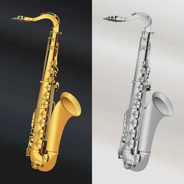 Latar belakang ilustrasi saksofon emas dan perak - Stok Vektor