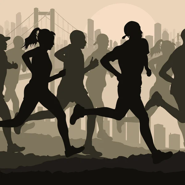 Maratona corredores em paisagem urbana cidade fundo ilustração —  Vetores de Stock
