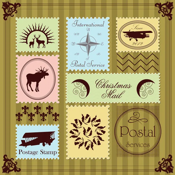 ビンテージ郵便切手のイラスト コレクションの背景 — ストックベクタ