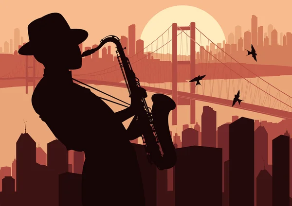 Saxofonist in wolkenkrabber stad landschap achtergrond afbeelding — Stockvector