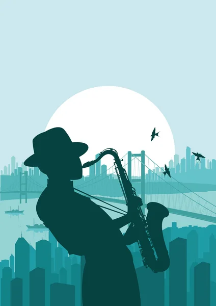 Saxophone player in skyscraper city landscape background illustration — Stock Vector