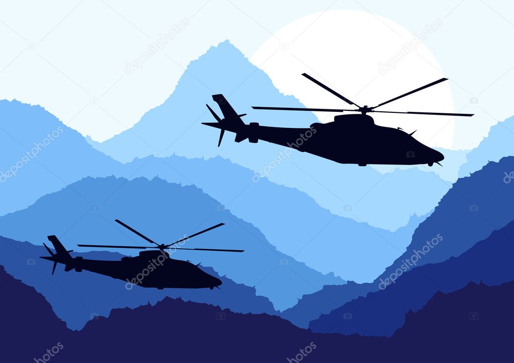 Army helicopters in mountain landscape background illustration