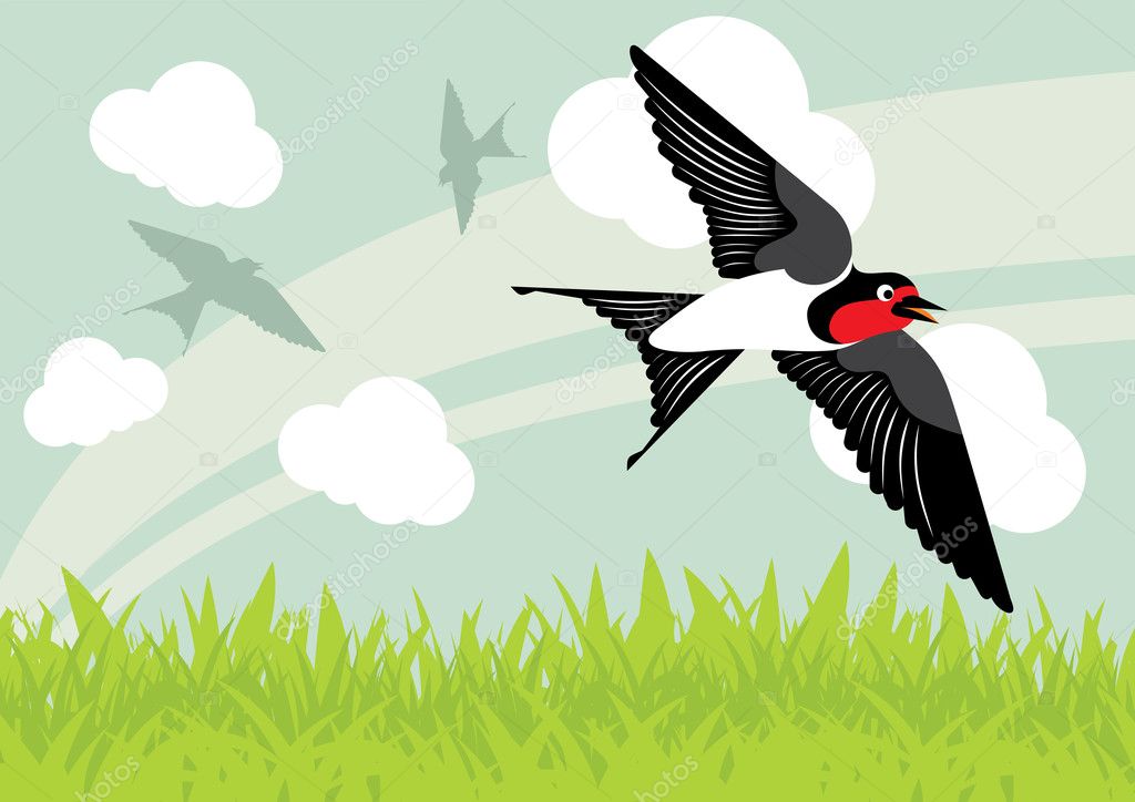 Flying swallow birds in country side landscape background illustration
