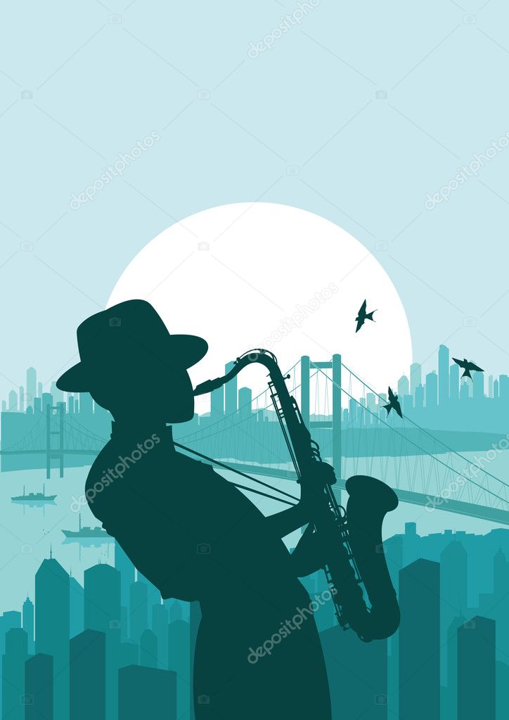 Saxophone player in skyscraper city landscape background illustration