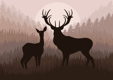 Rain deer family in wild forest landscape background illustration vector clipart