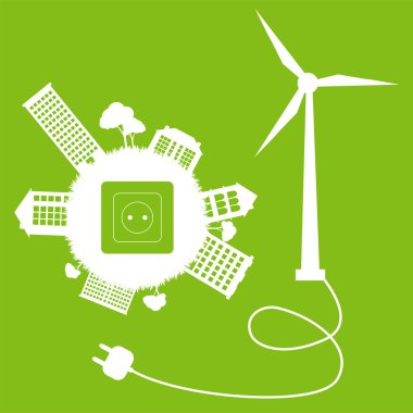 Green ecology energy planet vector concept with socket and wind generator clipart