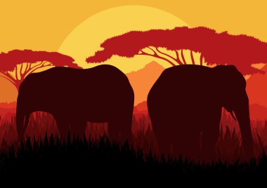 Elephant family silhouettes in wild nature mountain landscape background clipart