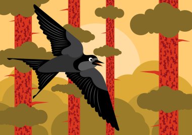 Bird flying in pine tree forest landscape background illustration vector clipart