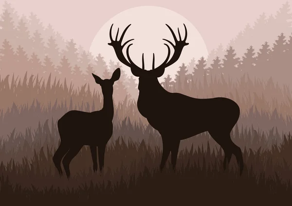 Familia de ciervos de lluvia en bosque salvaje paisaje fondo ilustración vector — Archivo Imágenes Vectoriales