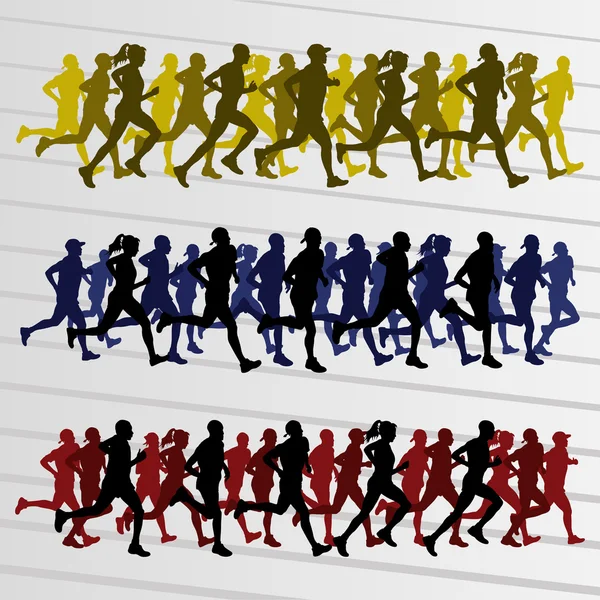 Maraton koşucular siluetleri illüstrasyon vektör — Stok Vektör