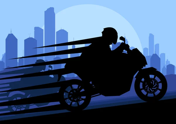 Σιλουέτες αναβάτες μοτοσικλέτα αθλητισμού στο τοπίο της πόλης ουρανοξύστης — Διανυσματικό Αρχείο