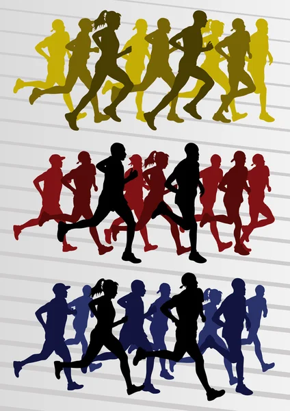 Maraton koşucular siluetleri illüstrasyon vektör — Stok Vektör