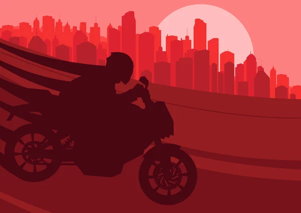 Desporto motociclistas silhuetas no arranha-céu paisagem da cidade — Vetor de Stock