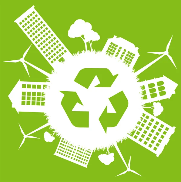 Ecologia verde pianeta energia concetto vettoriale con frecce di riciclaggio per poster — Vettoriale Stock