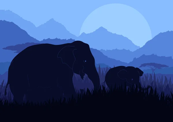 Elephant family silhouettes in wild nature mountain landscape background — Stock Vector