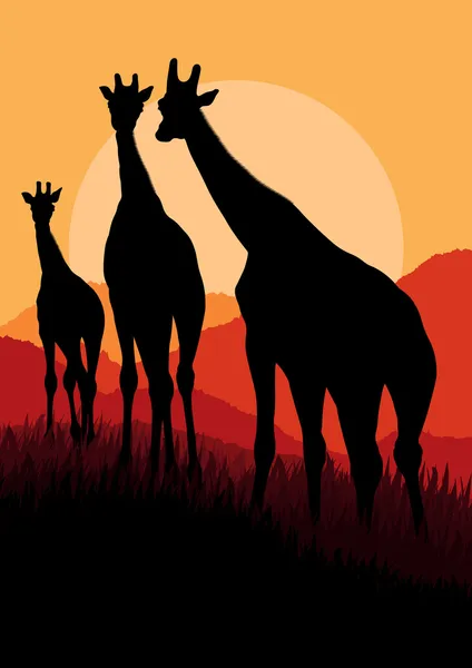 Giraffe family silhouettes in Africa wild nature mountain landscape — Stock Vector