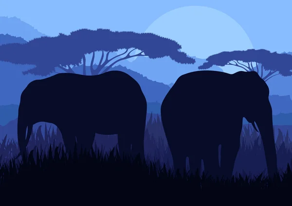 Vahşi doğa dağ manzara arka planda fil aile silhouettes — Stok Vektör